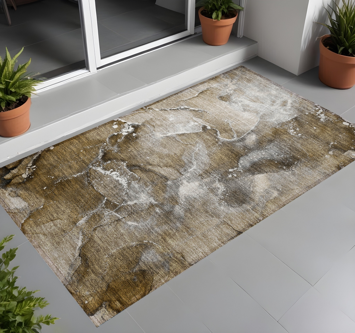Abstract Washable Area Rug - Brown & Gray - 3 x 5 ft - Stain Resistant