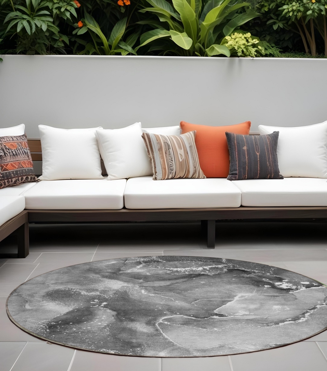 8 ft. Round Gray Abstract Washable Area Rug - Stain Resistant - Non-Skid