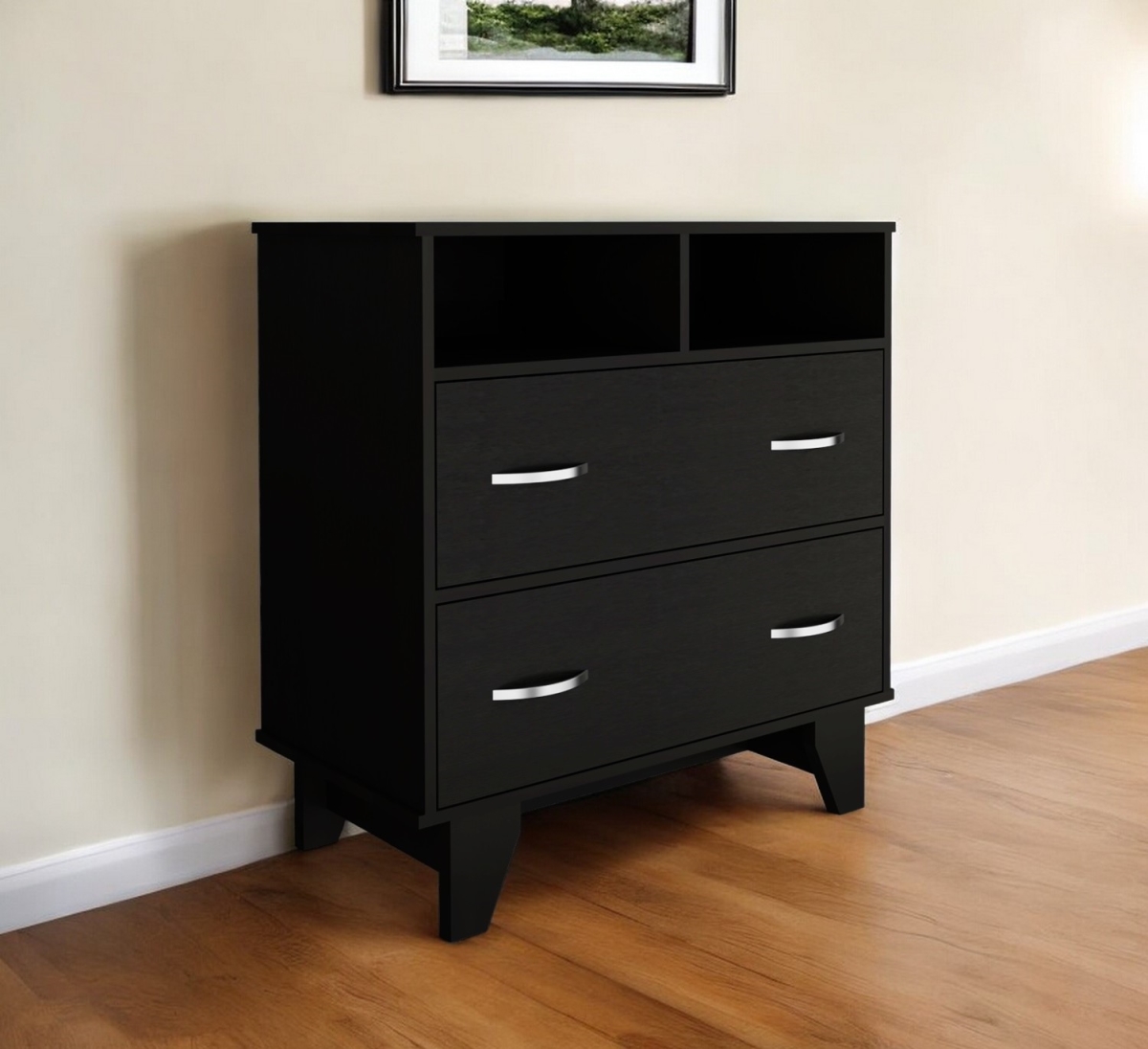 544028 32 in. Black Two Drawer Dresser with Open Shelving