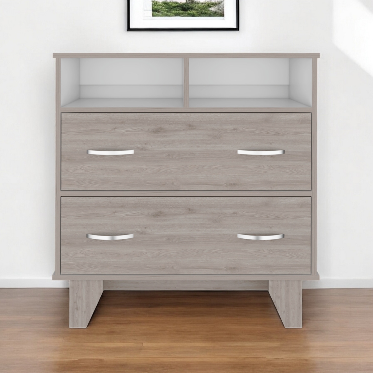544029 32 in. Light Gray Two Drawer Dresser with Open Shelving