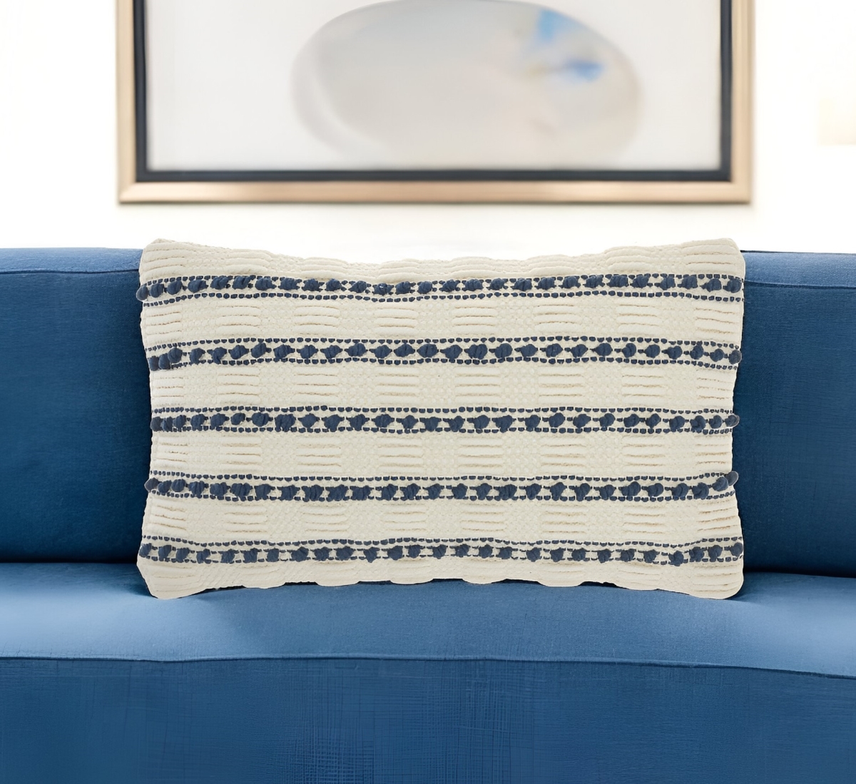 527796 12 x 20 in. Ivory & Blue Striped Cotton Blend Throw Pillow with Texture