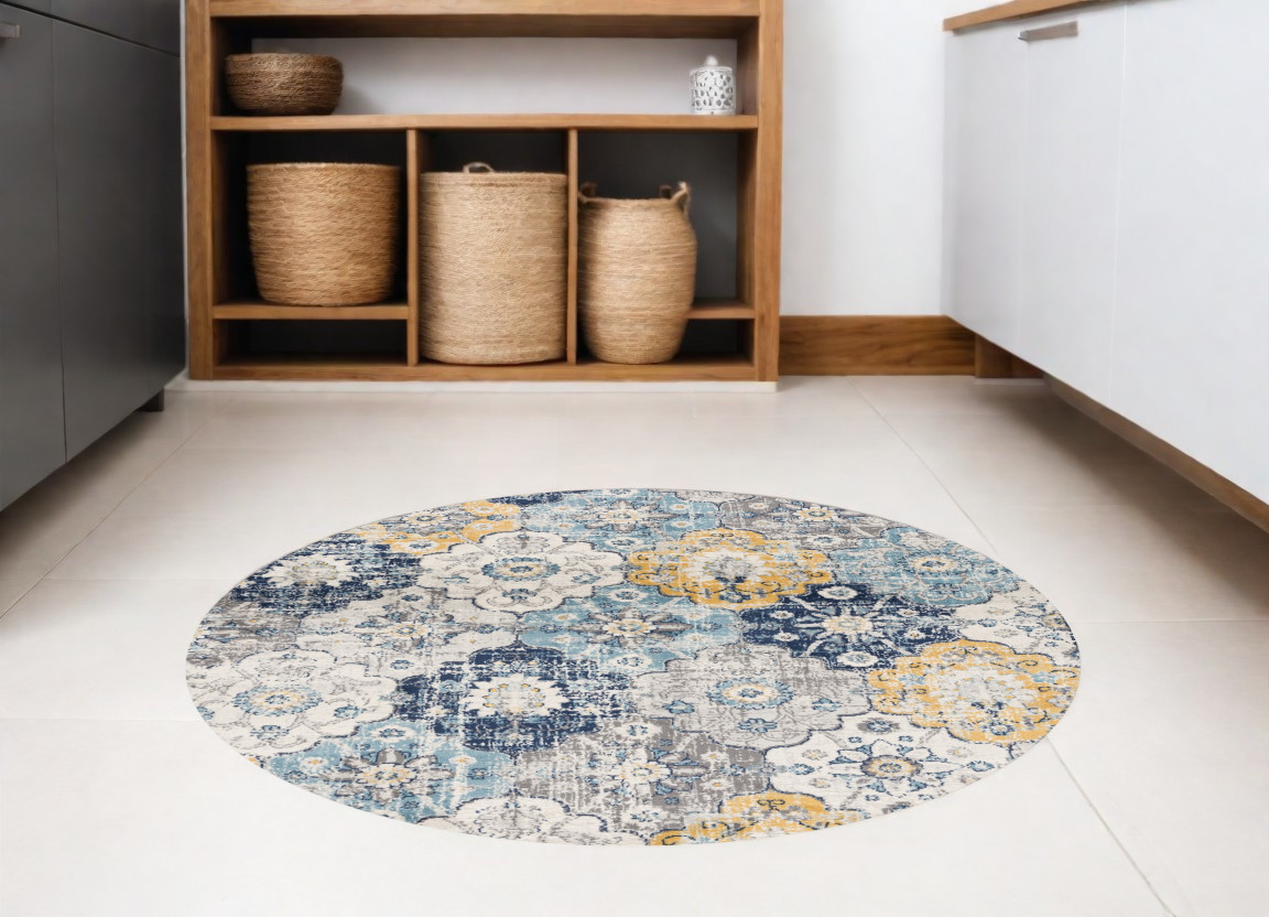 Round Geometric Area Rug - Blue & Gray - 5 ft - Washable & Non-Skid