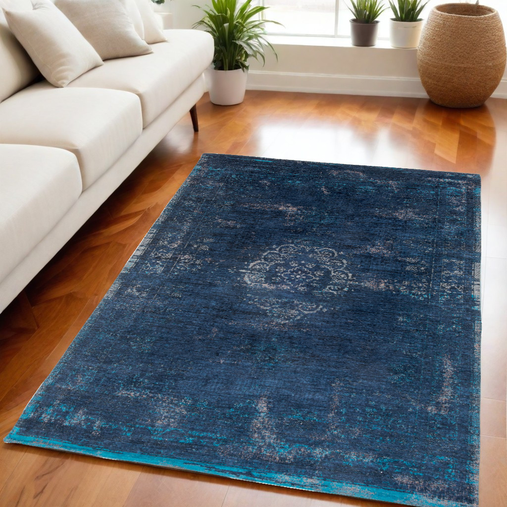 548335 5 x 7 ft. Blue & Gray Medallion Non Skid Rectangle Machine Woven Area Rug