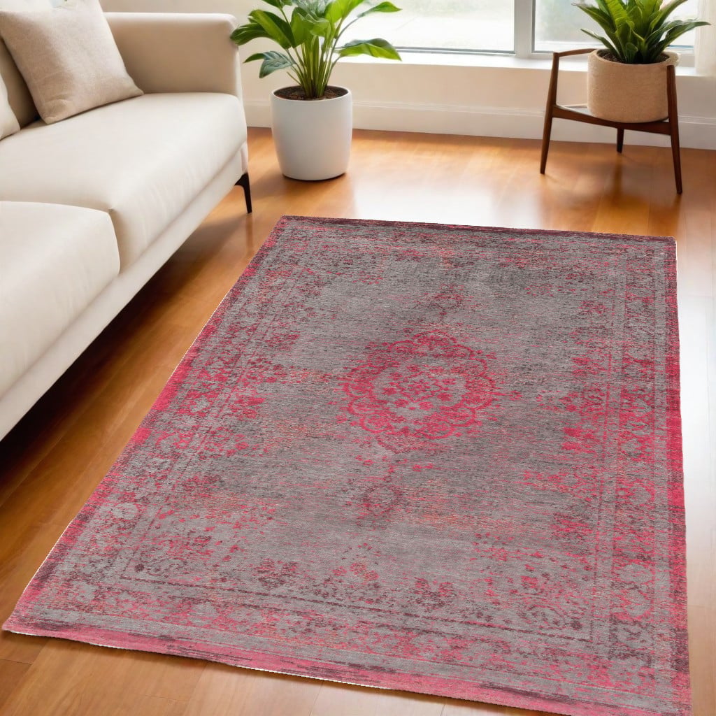 548371 5 x 7 ft. Gray & Pink Medallion Non Skid Rectangle Machine Woven Area Rug