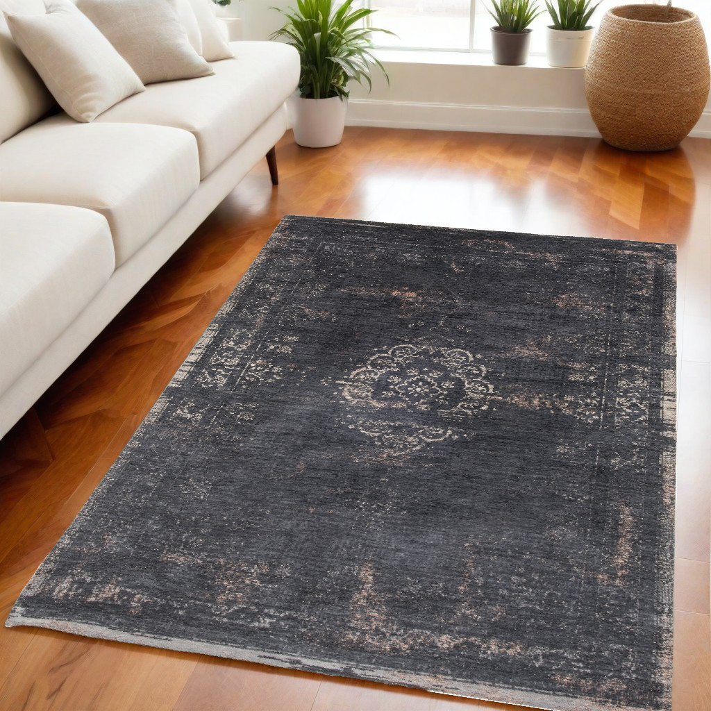 548377 5 x 7 ft. Gray & Black Medallion Non Skid Rectangle Machine Woven Area Rug