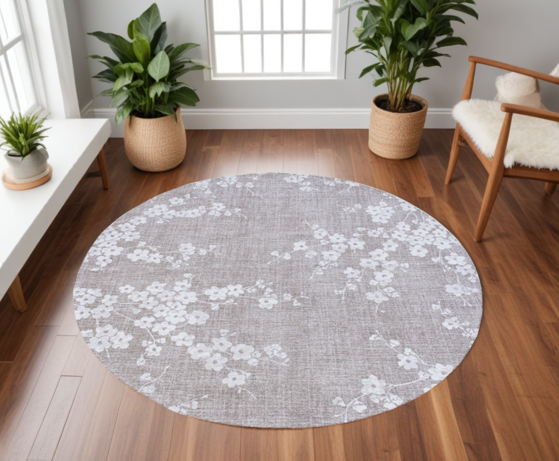 548796 8 ft. Gray & White Round Oriental Non Skid Machine Woven Area Rug