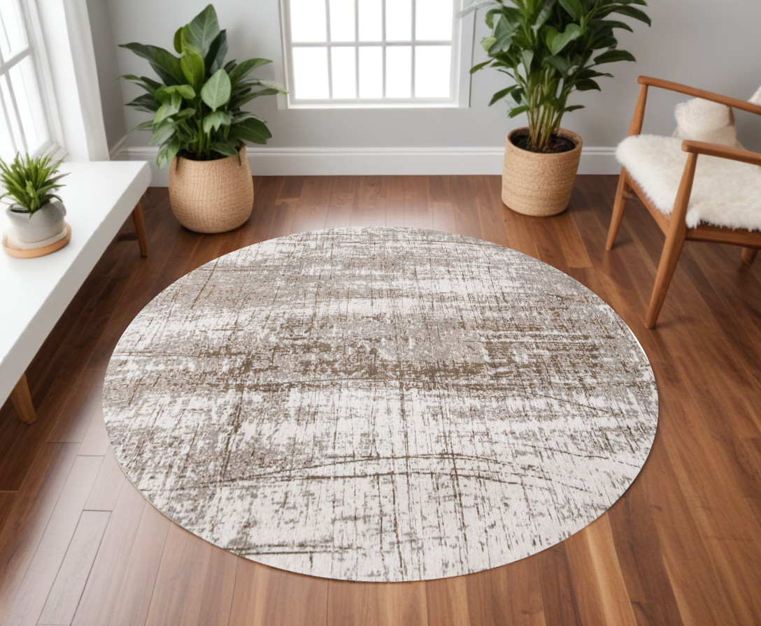 548529 8 ft. Gray & Beige Round Abstract Non Skid Machine Woven Area Rug