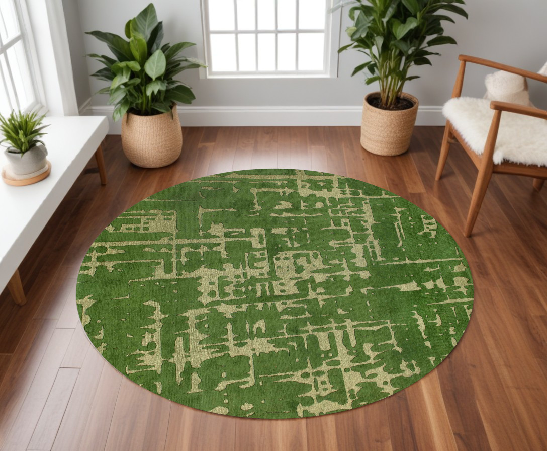 548704 5 ft. Green Round Abstract Non Skid Machine Woven Area Rug