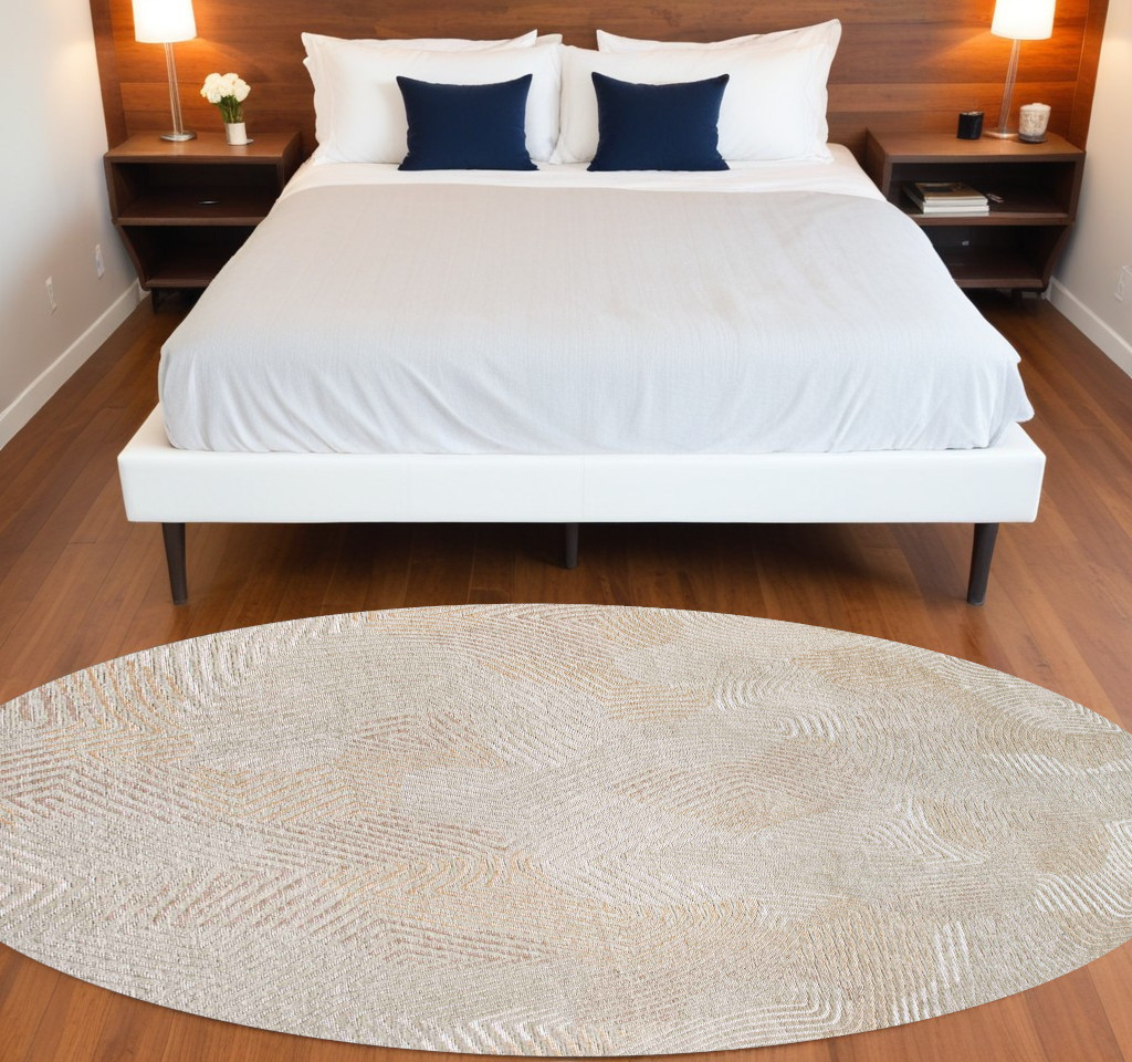 548766 5 ft. Beige & White Round Abstract Non Skid Machine Woven Area Rug