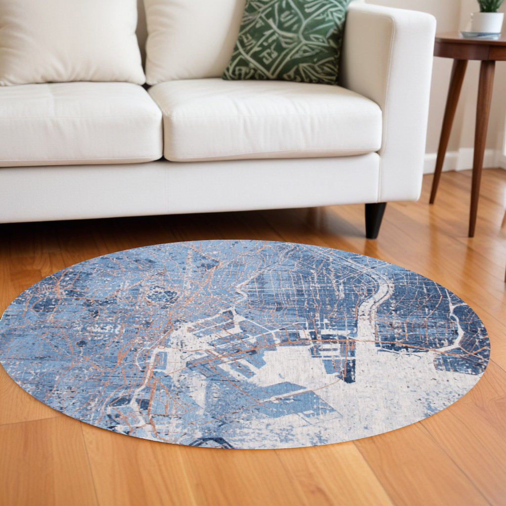 551757 8 ft. Blue & Black Round Abstract Non Skid Machine Woven Area Rug