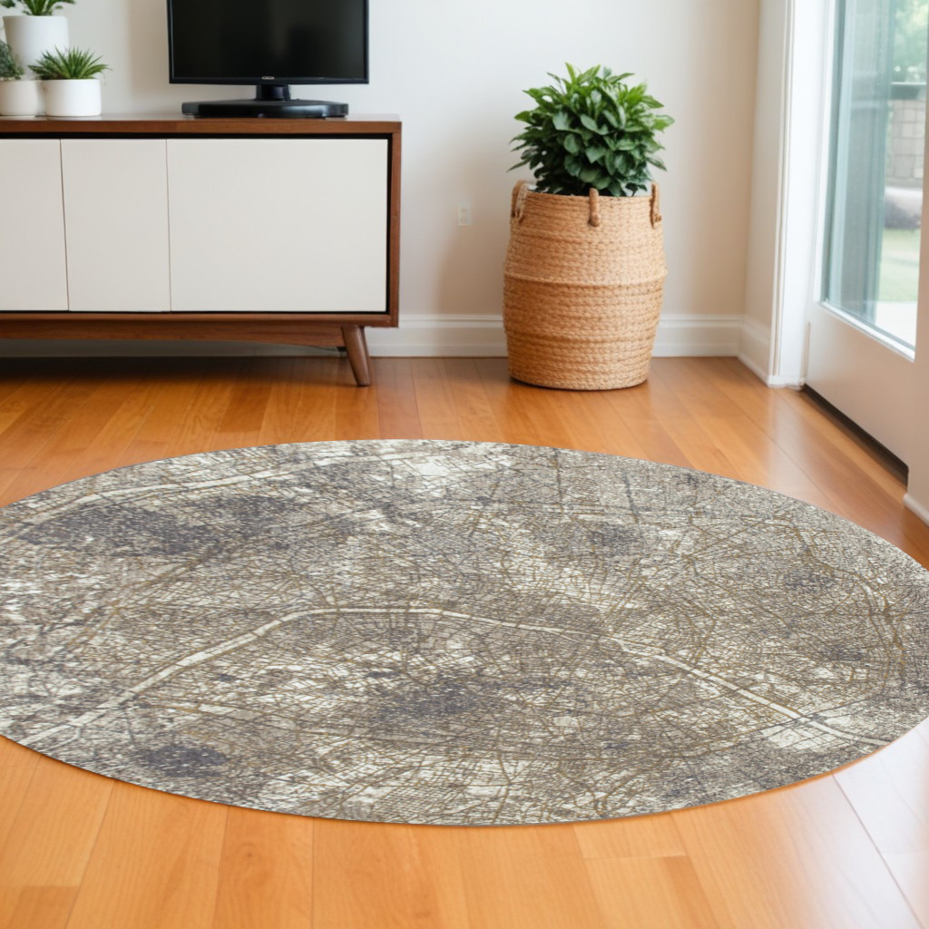 551778 8 ft. Gray & White Round Abstract Non Skid Machine Woven Area Rug
