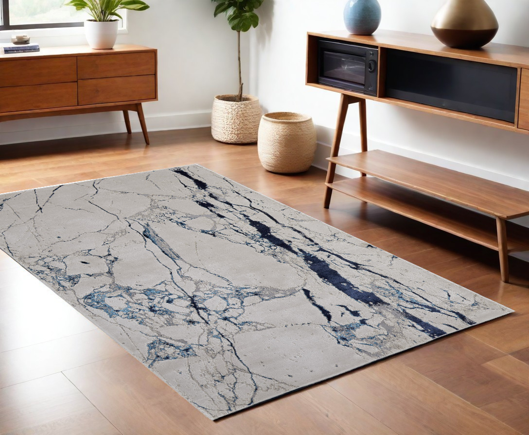 513886 4 x 6 ft. Ivory & Blue Marble Power Loomed Distressed Rectangle Area Rug