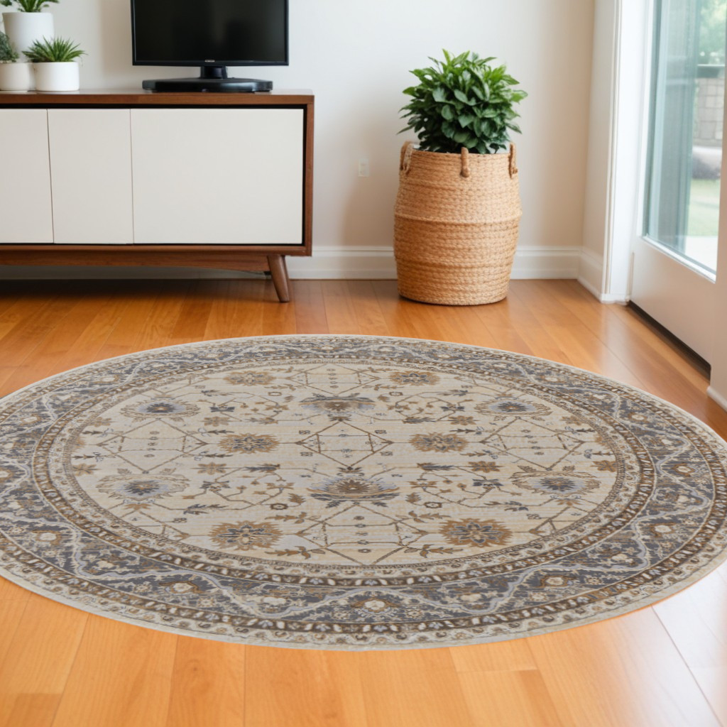 515302 8 ft. Brown & Ivory Round Oriental Power Loomed Distressed Area Rug