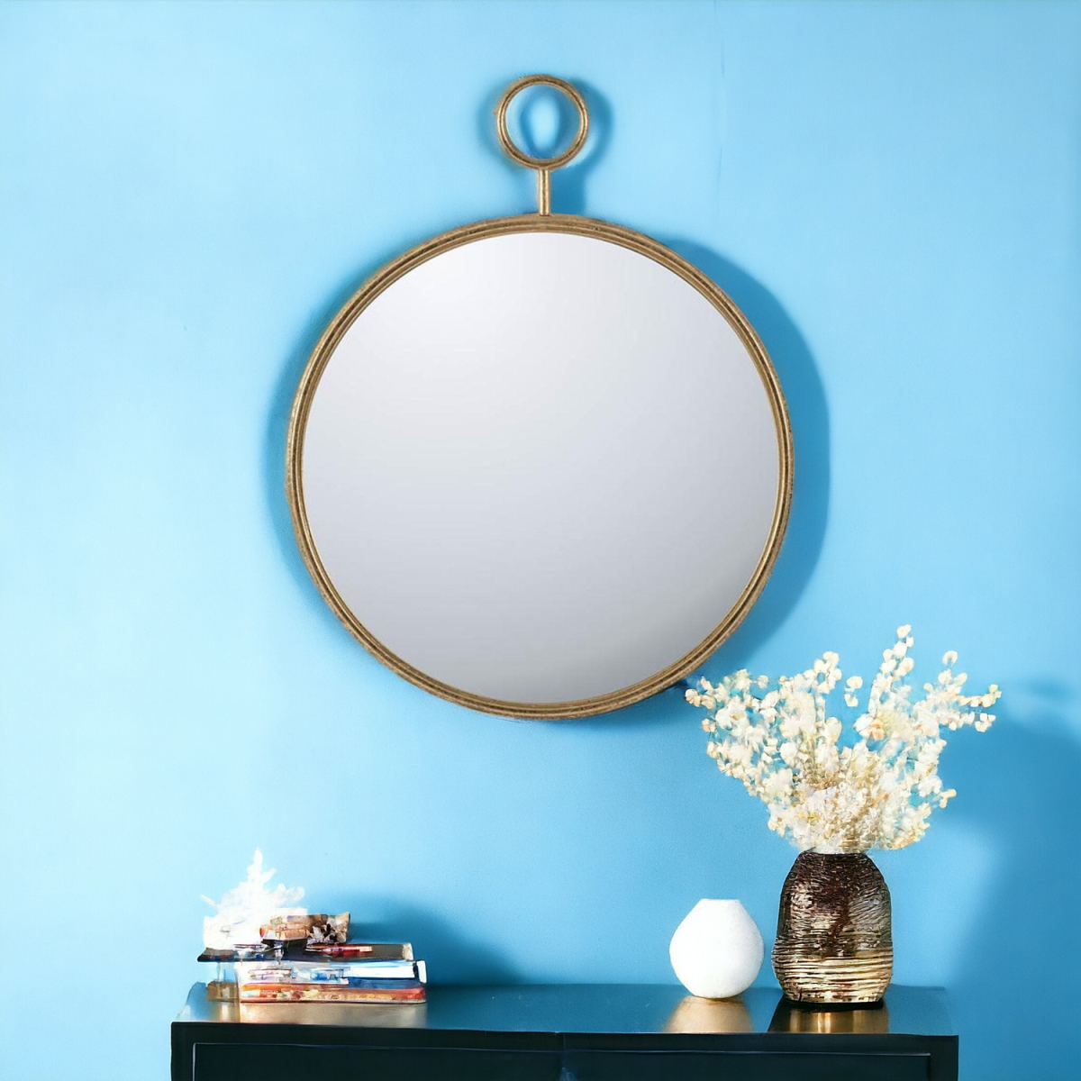 485008 32 in. Gold Round Iron Framed Accent Mirror
