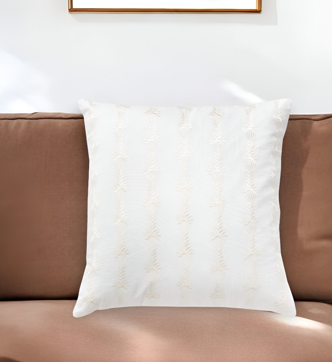 518691 20 in. White Botanical Stripe Cotton Throw Pillow with Embroidery