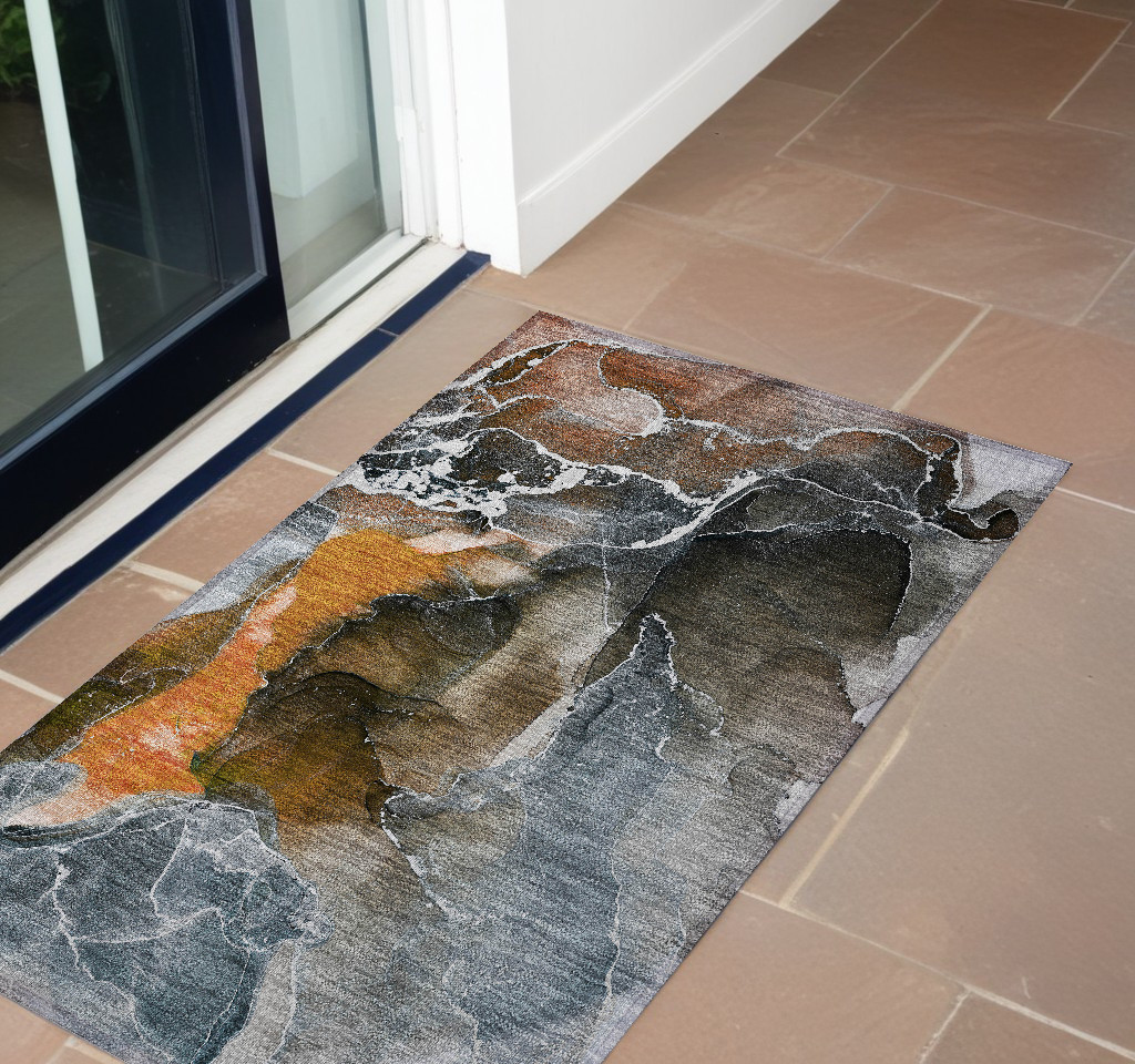 Orange Abstract Washable Non-Skid Area Rug - 2 x 3 ft - Stain Resistant