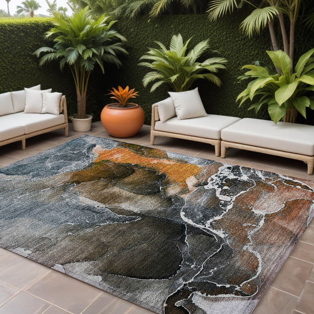 559468 10 x 14 ft. Orange Abstract Washable Non Skid Indoor Outdoor Rectangle Machine Woven Area Rug