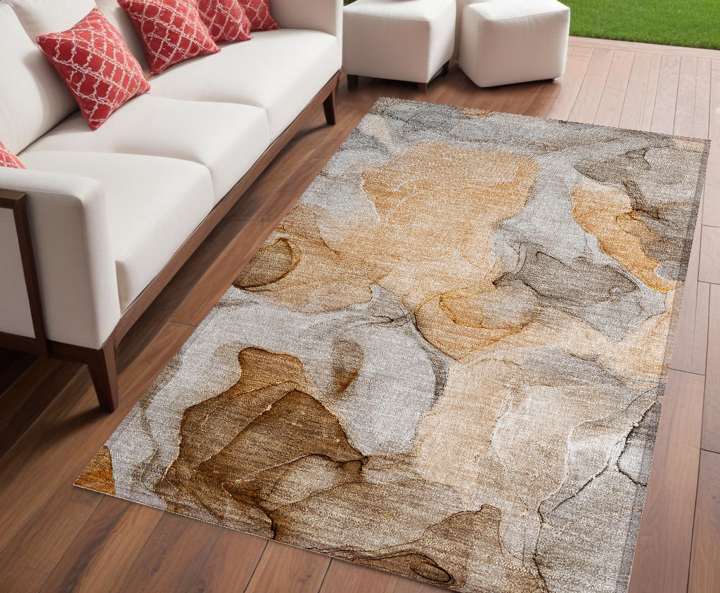 Orange Abstract Washable Non-Skid Area Rug - 5 x 8 ft - Stain Resistant