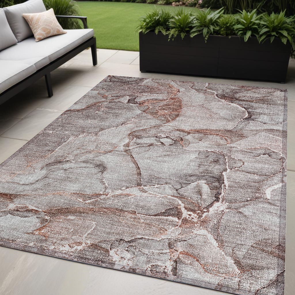 560352 5 x 8 ft. Gray & Red Abstract Washable Non Skid Indoor Outdoor Rectangle Machine Woven Area Rug