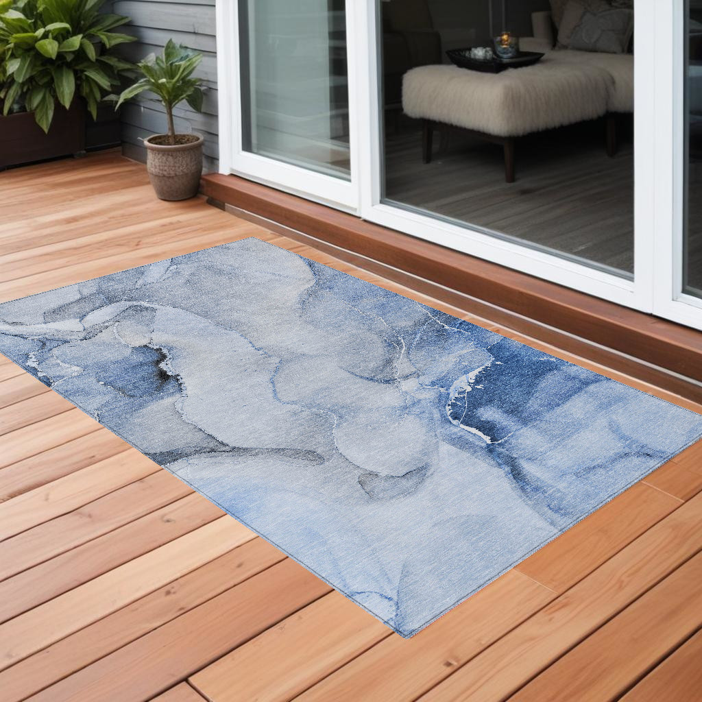 Blue & Gray Abstract Washable Area Rug - 3 x 5 ft - Stain Resistant