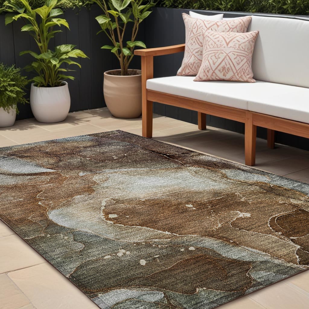 560498 8 x 10 ft. Brown Abstract Washable Non Skid Indoor Outdoor Rectangle Machine Woven Area Rug