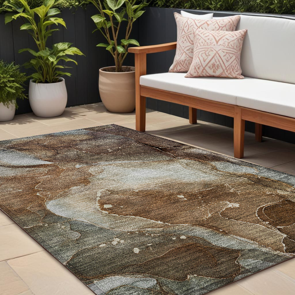 Brown Abstract Washable Non-Skid Area Rug - 9 x 12 ft - Stain Resistant