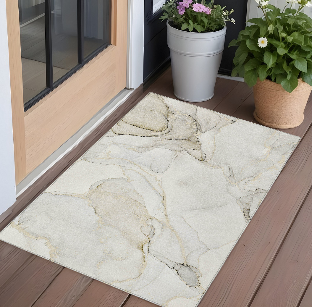 Beige & Ivory Abstract Washable Area Rug - 3 x 5 ft. - Non-Skid Design