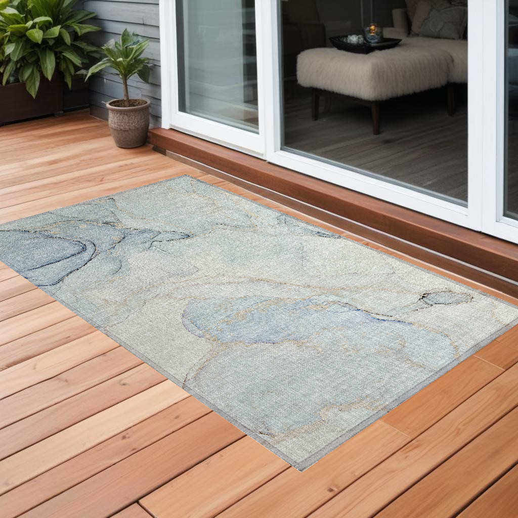 560558 3 x 5 ft. Beige & Blue Abstract Washable Non Skid Indoor Outdoor Rectangle Machine Woven Area Rug