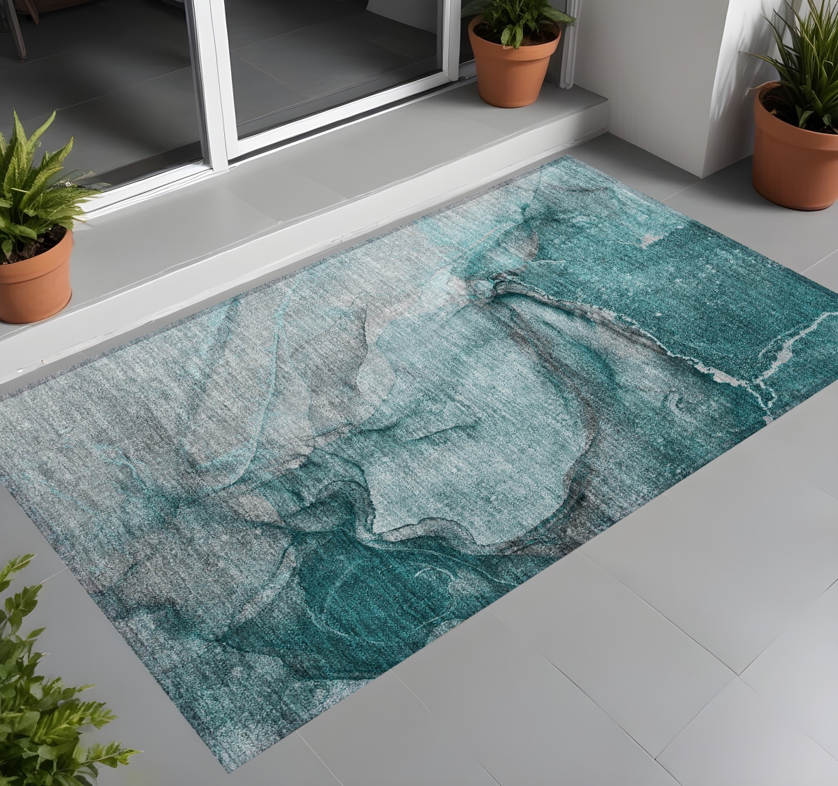 560603 3 x 5 ft. Teal Abstract Washable Non Skid Indoor Outdoor Rectangle Machine Woven Area Rug