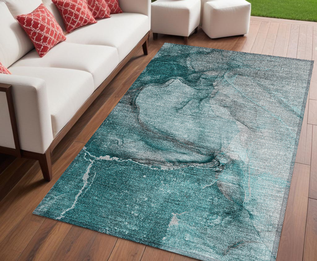 Teal Abstract Washable Area Rug - 5 x 8 ft - Stain Resistant - Non-Skid
