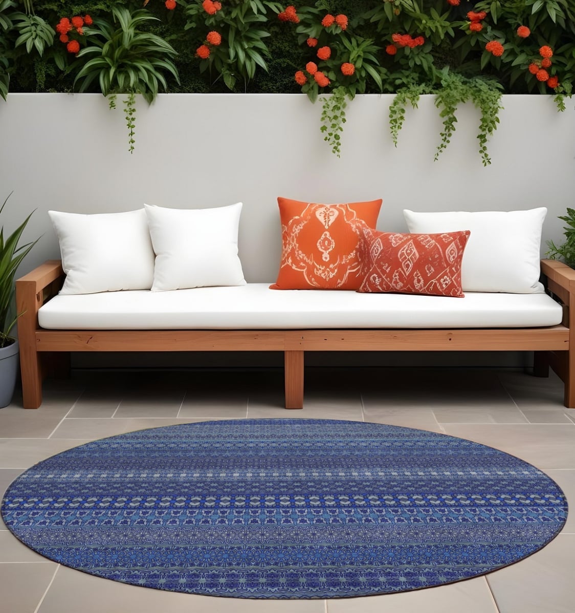 560749 8 ft. Round Navy Blue Round Striped Washable Non Skid Indoor Outdoor Machine Woven Area Rug