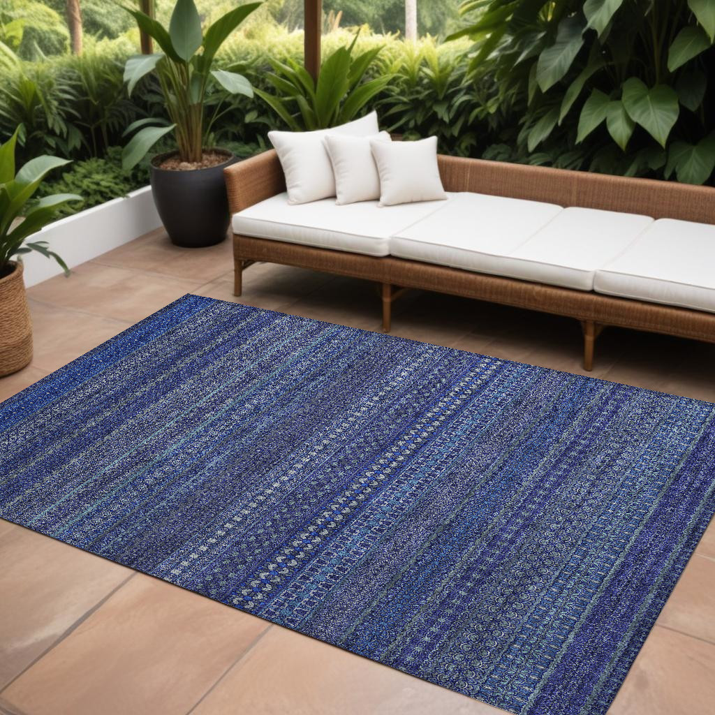 560751 9 x 12 ft. Navy Blue Striped Washable Non Skid Indoor Outdoor Rectangle Machine Woven Area Rug