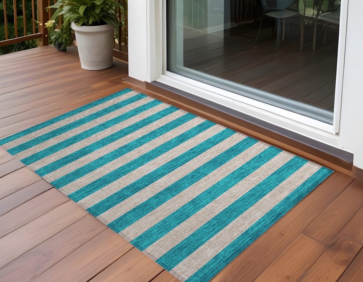 Turquoise Striped Washable Non-Skid Area Rug - 3 x 5 ft - Stain Resistant