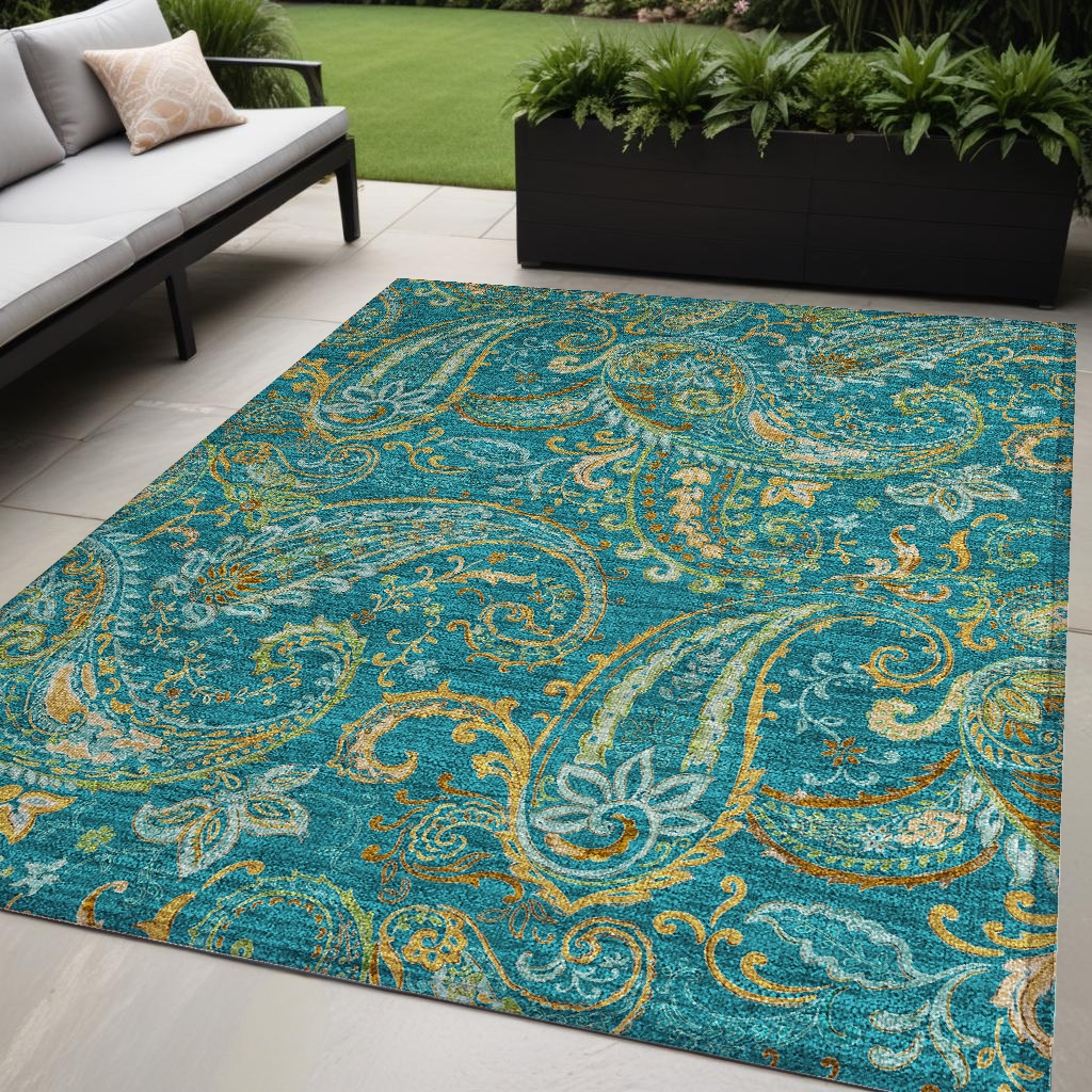 Teal Paisley Washable Area Rug - 5 x 8 ft - Non-Skid - Stain Resistant