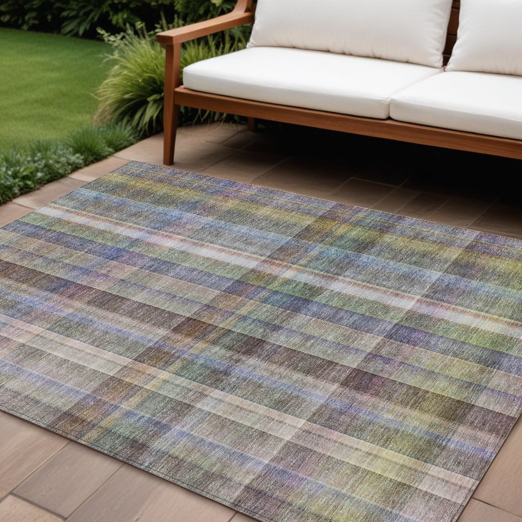 561500 9 x 12 ft. Gray Plaid Washable Non Skid Indoor Outdoor Rectangle Machine Woven Area Rug