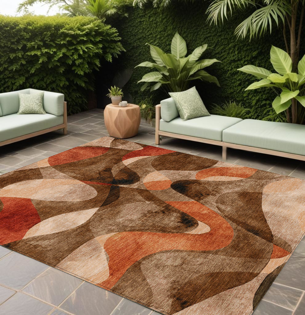 561577 9 x 12 ft. Chocolate Abstract Washable Non Skid Indoor Outdoor Rectangle Machine Woven Area Rug