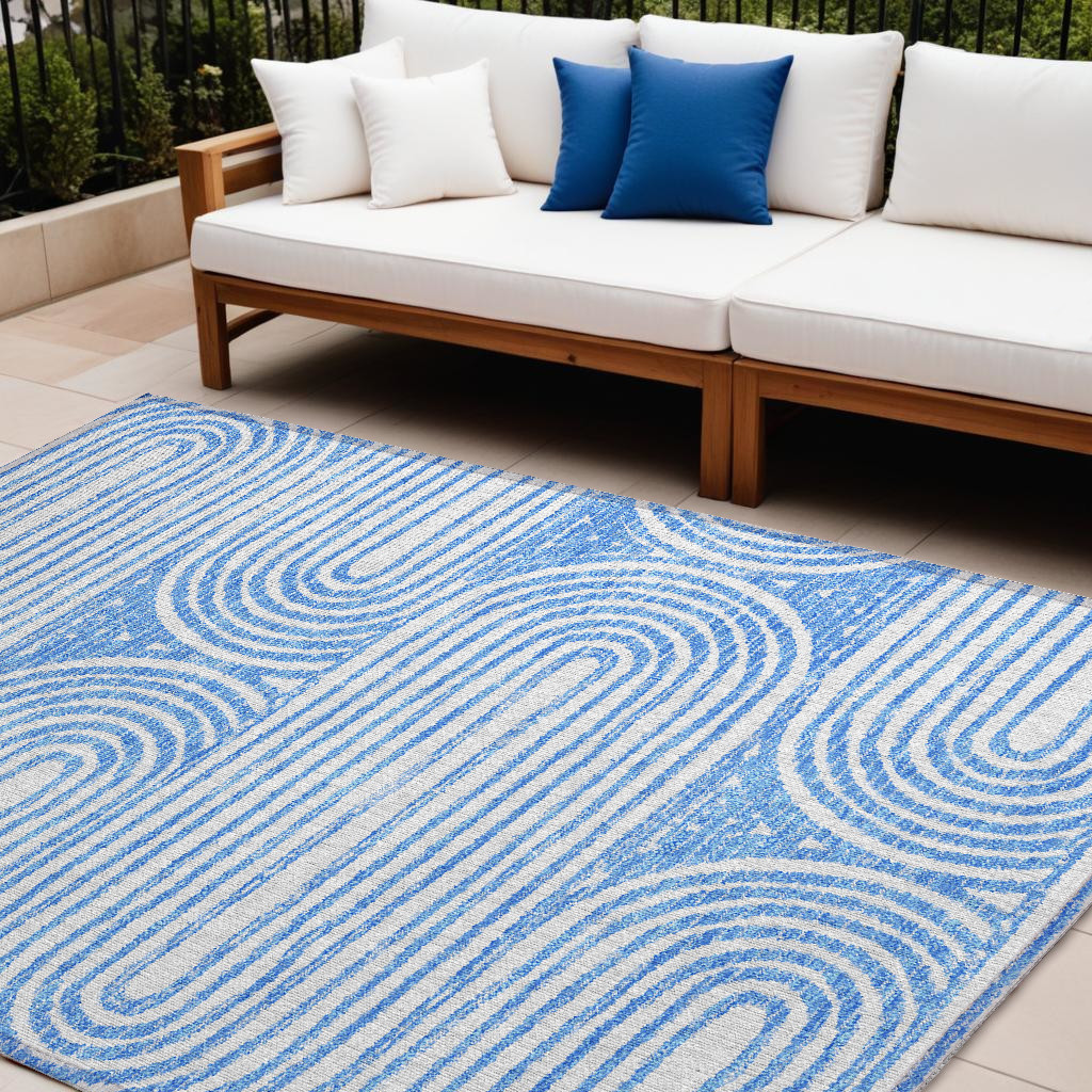 561821 10 x 14 ft. Blue & White Abstract Washable Non Skid Indoor Outdoor Rectangle Machine Woven Area Rug