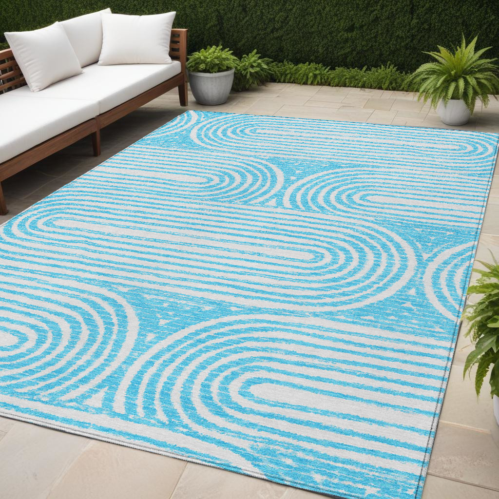 561871 5 x 8 ft. Teal Abstract Washable Non Skid Indoor Outdoor Rectangle Machine Woven Area Rug