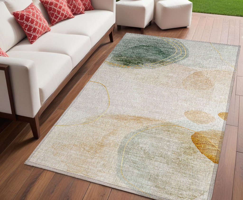 Abstract Beige & Green Area Rug - 5 x 8 ft - Machine Washable - Non-Skid