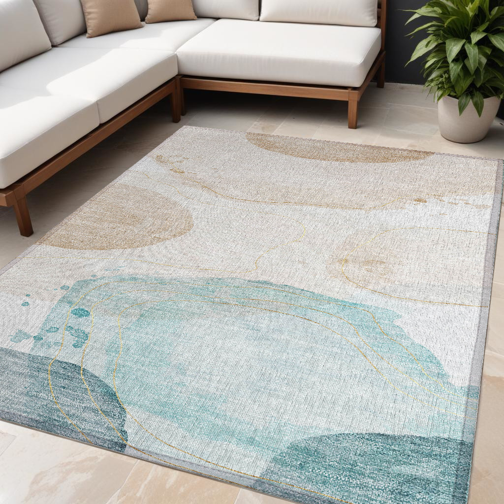 Abstract Washable Area Rug - Beige & Blue - 5 x 8 ft - Stain Resistant