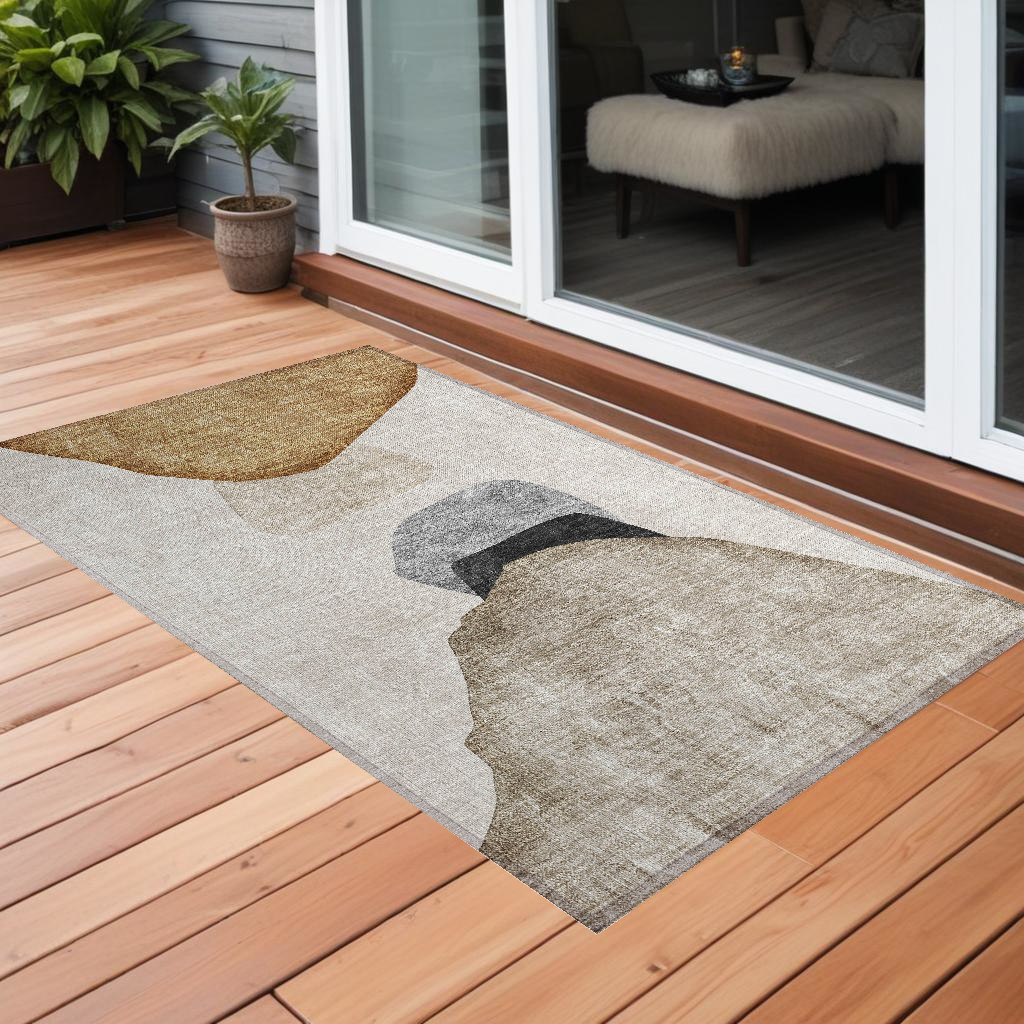 Tan Brown & Gray Abstract Washable Area Rug - 2 x 3 ft. - Stain Resistant