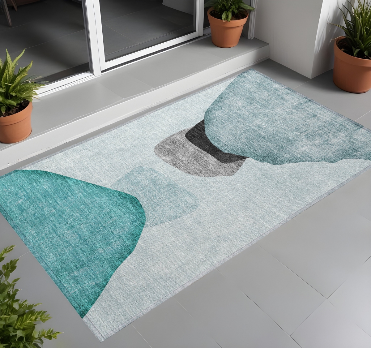 Abstract Washable Area Rug - Ivory Teal & Gray - 3 x 5 ft - Stain Resistant