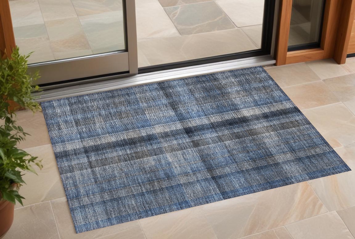 Blue Plaid Washable Area Rug - 3 x 5 ft. - Non-Skid - Stain Resistant