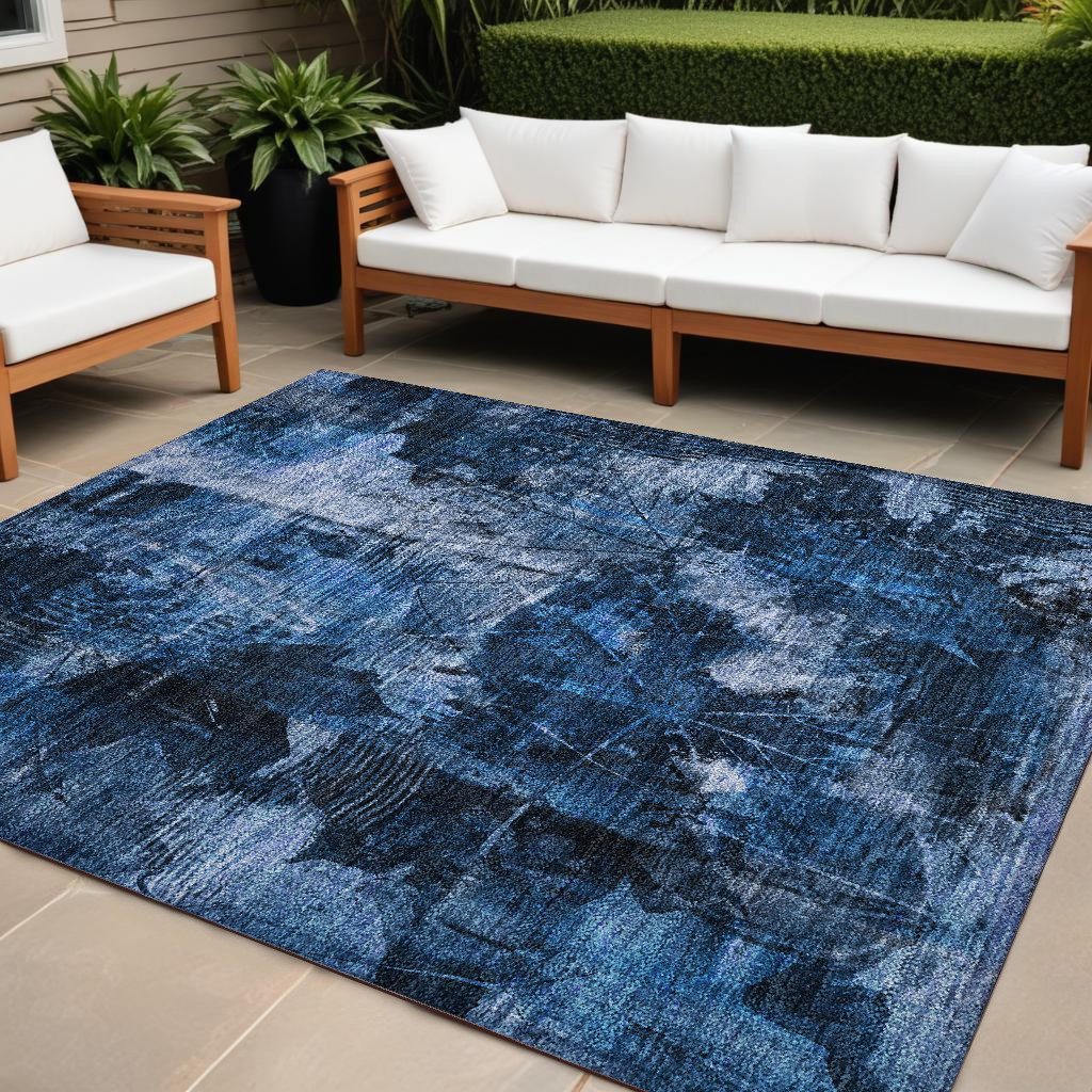 563186 10 x 14 ft. Navy Blue Floral Washable Non Skid Indoor Outdoor Rectangle Machine Woven Area Rug