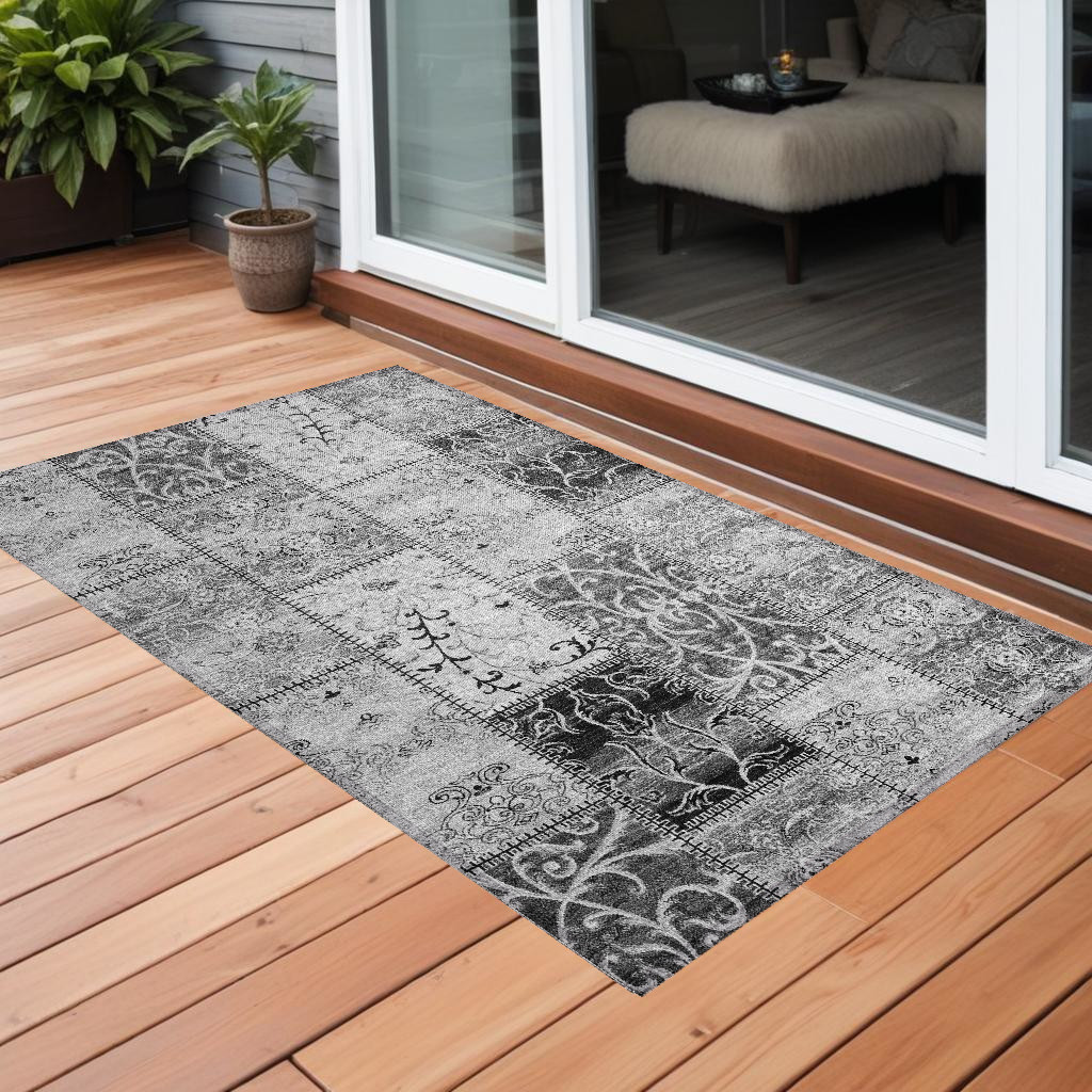 Gray Patchwork Washable Indoor Outdoor Area Rug - 3 x 5 ft - Stain Resistant