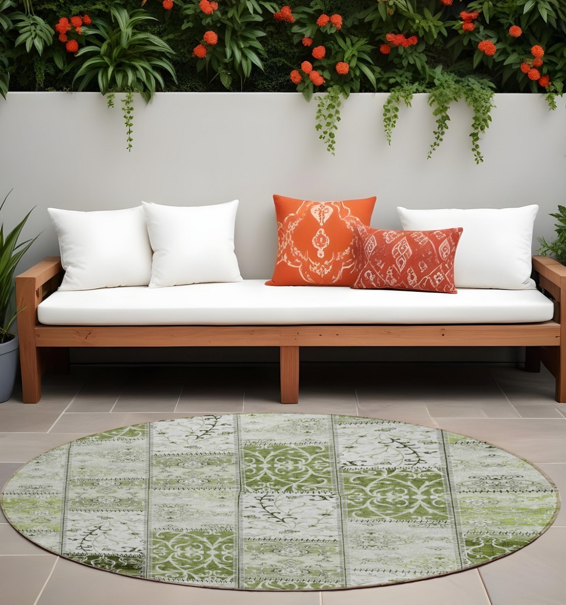 563561 8 ft. Round Green Round Patchwork Washable Non Skid Indoor Outdoor Machine Woven Area Rug