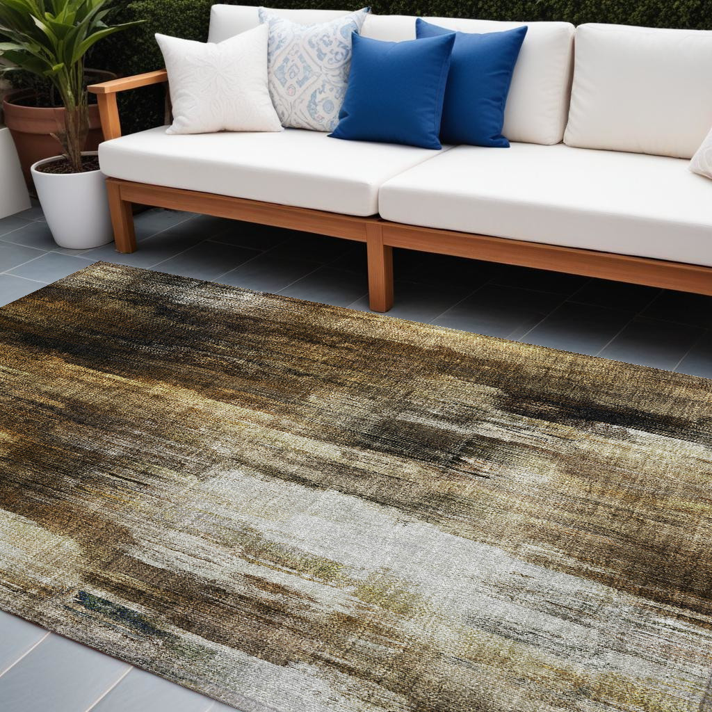 563600 10 x 14 ft. Chocolate Abstract Washable Non Skid Indoor Outdoor Rectangle Machine Woven Area Rug