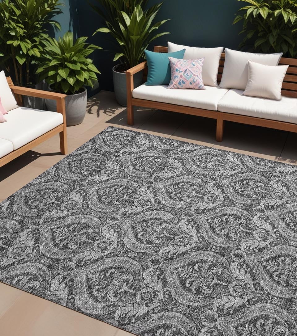 563878 9 x 12 ft. Gray Damask Washable Non Skid Indoor Outdoor Rectangle Machine Woven Area Rug