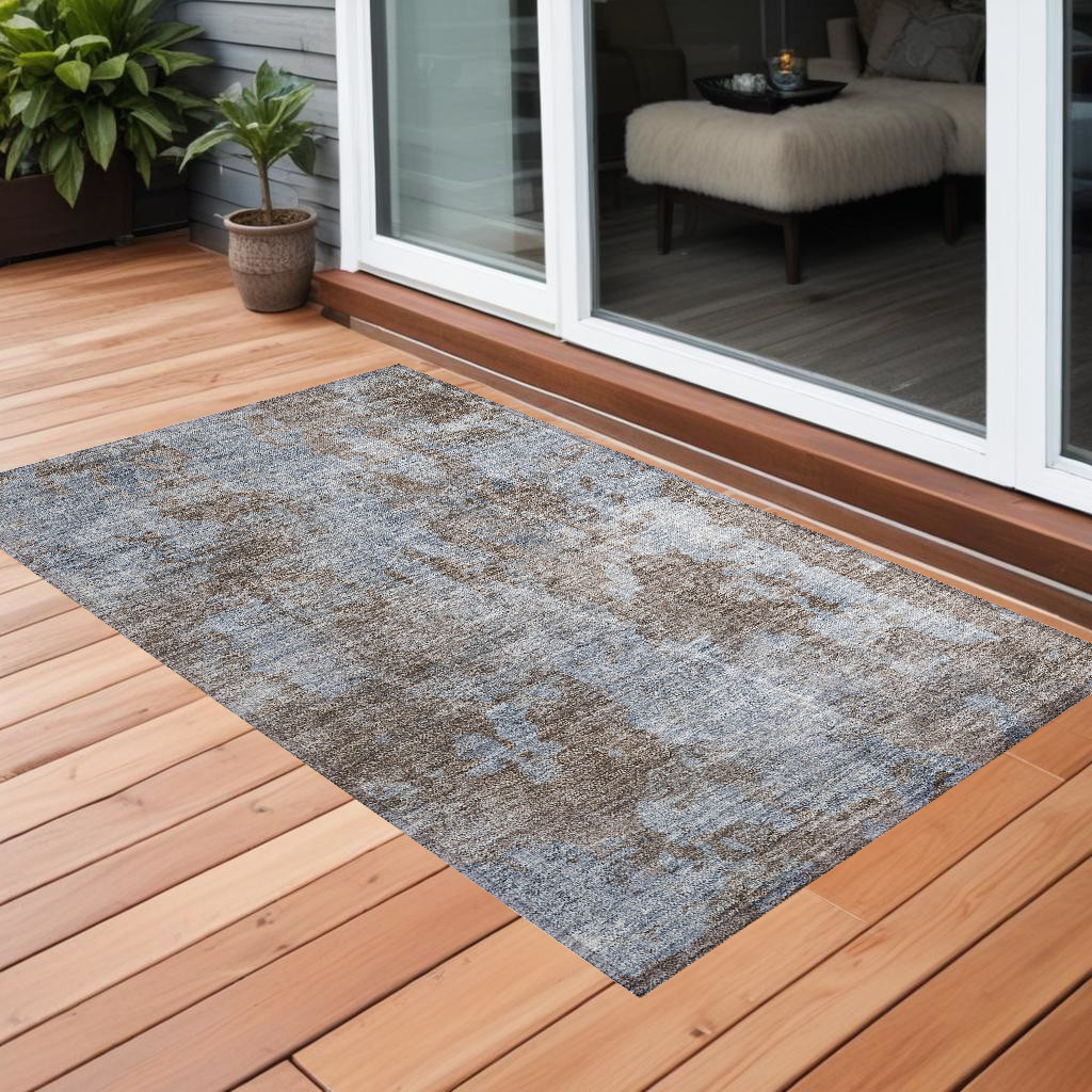 Mocha & Blue Abstract Area Rug - 3 x 5 ft - Washable & Non-Skid