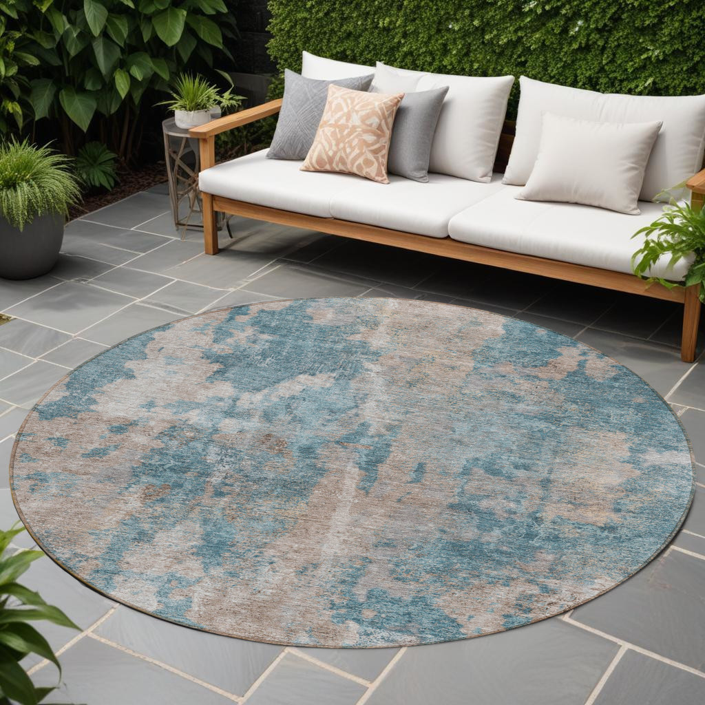 Teal & Taupe Abstract Round Area Rug - 8 ft. - Washable & Stain Resistant